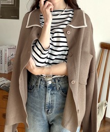 トレンド感たっぷり。配色襟付きニットカーディガン