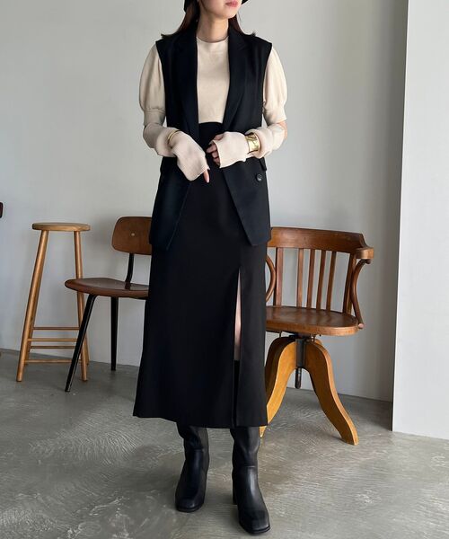 MAJESTIC LEGON（マジェスティックレゴン）の「サイドスリットIラインスカート（スカート・レディース・ブラック/ブラック系その他/ホワイト系その他2・MEDIUM）」の4枚目の写真