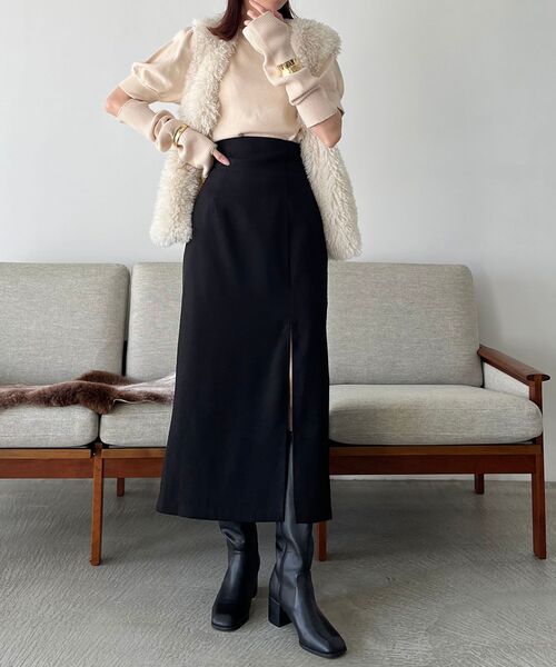 MAJESTIC LEGON（マジェスティックレゴン）の「サイドスリットIラインスカート（スカート・レディース・ブラック/ブラック系その他/ホワイト系その他2・MEDIUM）」の6枚目の写真