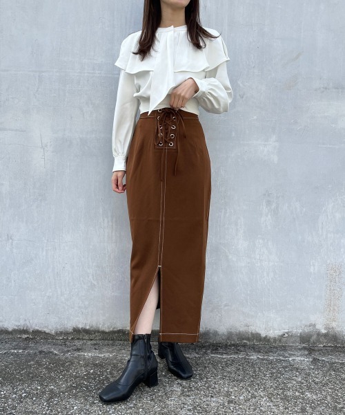 A de a.v.v(アードアー・ヴェ・ヴェ)の「バイカラーステッチナロースカート(スカート・レディース・ブラウン/ブラック・SMALL/MEDIUM)」の15枚目の写真