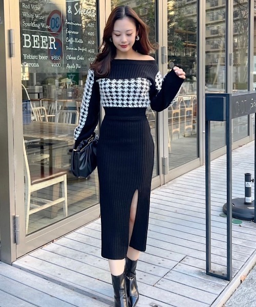 セール】千鳥柄オフショルダーニットワンピース（ワンピース