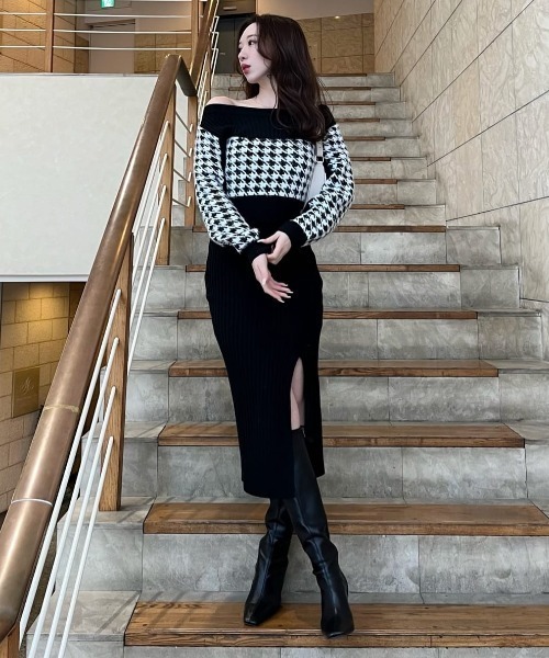 ロイヤルパーティー　千鳥ニットワンピース& 配色チェックニットタイトワンピース ロイヤルパーティー ROYAL PARTY 配色チェックニットタイト