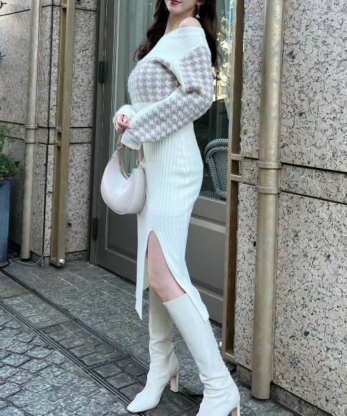 ROYAL PARTY(ロイヤルパーティー)の「千鳥柄オフショルダーニットワンピース(ワンピース・レディース・グリーン/ベージュ/ブラック・FREE)」の7枚目の写真