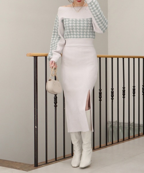 セール】千鳥柄オフショルダーニットワンピース（ワンピース