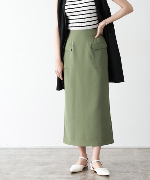 Pierrot（ピエロ）の「サイドフラップポケットIラインスカート（スカート・レディース・ライム/ライトカーキ/ピンク/オフホワイト/ネイビー・M/L/PM）」の4枚目の写真