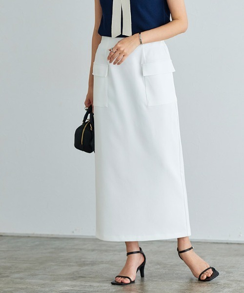 Pierrot（ピエロ）の「サイドフラップポケットIラインスカート（スカート・レディース・ライム/ライトカーキ/ピンク/オフホワイト/ネイビー・M/L/PM）」の2枚目の写真