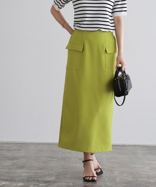 Pierrot（ピエロ）の「サイドフラップポケットIラインスカート（スカート・レディース・ライム/ライトカーキ/ピンク/オフホワイト/ネイビー・M/L/PM）」の3枚目の写真