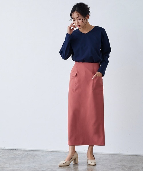 Pierrot（ピエロ）の「サイドフラップポケットIラインスカート（スカート・レディース・ライム/ライトカーキ/ピンク/オフホワイト/ネイビー・M/L/PM）」の15枚目の写真