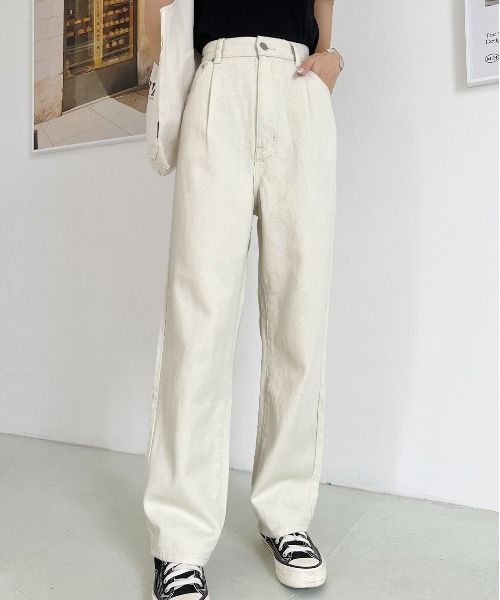 ad thie（アドティエ）の「ハイウエスト 後ろゴム フロントタックデニムパンツ（デニムパンツ・レディース・オフホワイト/ブラック/サックスブルー/インディゴブルー/ケミカルウォッシュ・LARGE/MEDIUM/SMALL）」の2枚目の写真