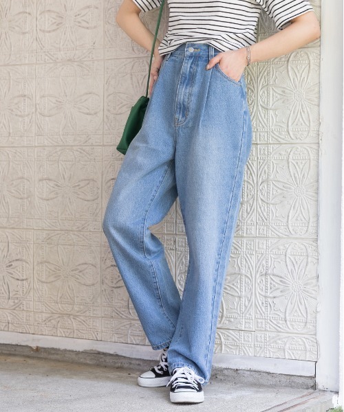 ad thie（アドティエ）の「ハイウエスト 後ろゴム フロントタックデニムパンツ（デニムパンツ・レディース・オフホワイト/ブラック/サックスブルー/インディゴブルー/ケミカルウォッシュ・LARGE/MEDIUM/SMALL）」の10枚目の写真
