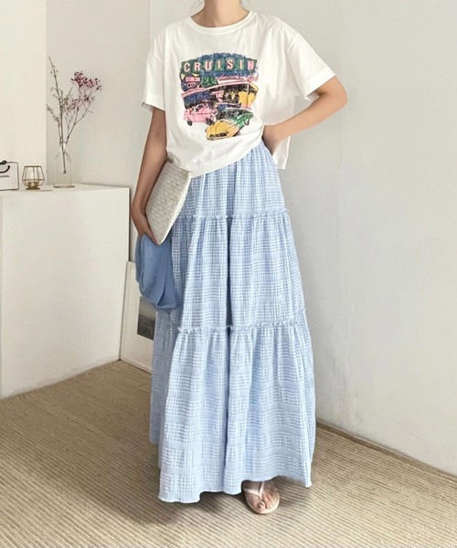 Chaco closet(チャコ クローゼット)の「チェックティアードハイウエストマキシスカート(スカート・レディース・サックスブルー/ブラック・FREE)」の1枚目の写真