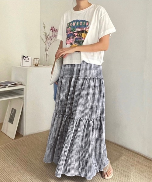 Chaco closet(チャコ クローゼット)の「チェックティアードハイウエストマキシスカート(スカート・レディース・サックスブルー/ブラック・FREE)」の12枚目の写真