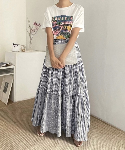 Chaco closet(チャコ クローゼット)の「チェックティアードハイウエストマキシスカート(スカート・レディース・サックスブルー/ブラック・FREE)」の5枚目の写真
