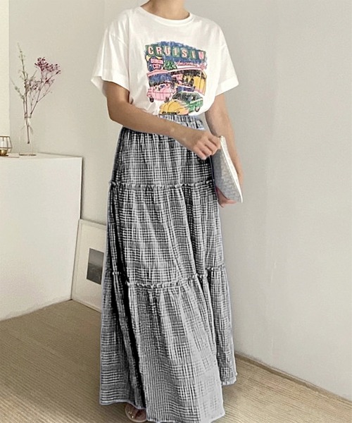 Chaco closet(チャコ クローゼット)の「チェックティアードハイウエストマキシスカート(スカート・レディース・サックスブルー/ブラック・FREE)」の18枚目の写真