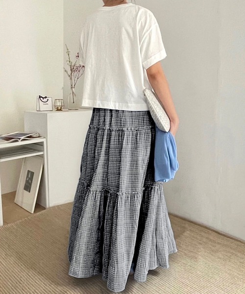 Chaco closet(チャコ クローゼット)の「チェックティアードハイウエストマキシスカート(スカート・レディース・サックスブルー/ブラック・FREE)」の21枚目の写真