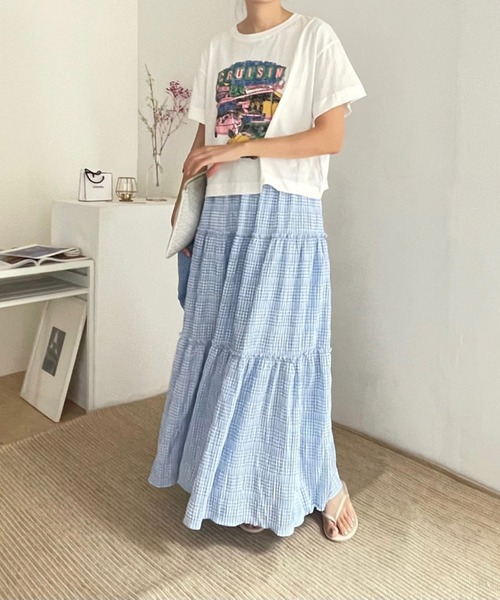 Chaco closet(チャコ クローゼット)の「チェックティアードハイウエストマキシスカート(スカート・レディース・サックスブルー/ブラック・FREE)」の10枚目の写真