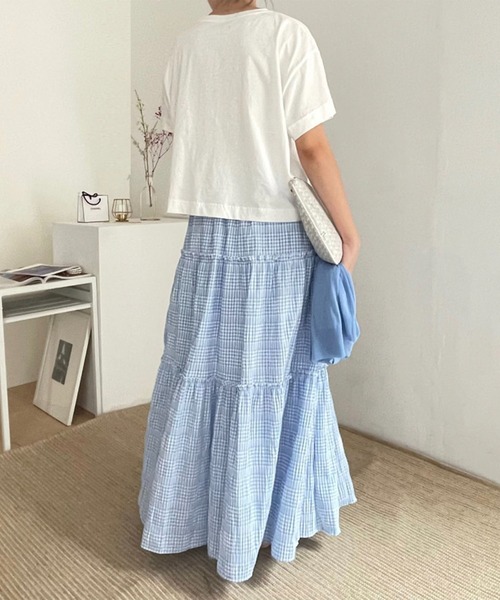 Chaco closet(チャコ クローゼット)の「チェックティアードハイウエストマキシスカート(スカート・レディース・サックスブルー/ブラック・FREE)」の19枚目の写真