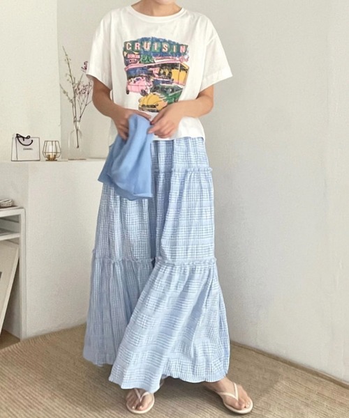 Chaco closet(チャコ クローゼット)の「チェックティアードハイウエストマキシスカート(スカート・レディース・サックスブルー/ブラック・FREE)」の13枚目の写真