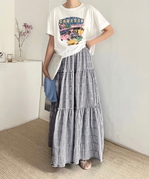 Chaco closet(チャコ クローゼット)の「チェックティアードハイウエストマキシスカート(スカート・レディース・サックスブルー/ブラック・FREE)」の9枚目の写真