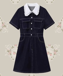 LA POMME petit レース襟半袖デニムミニワンピース LA POMME petit（ラポミ・プチ）の「レース襟半袖デニムミニワンピース