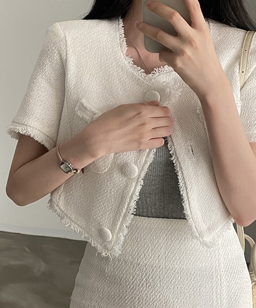 FREE STYLISTS(フリー スタイリスト)の「YUGA_YGMC サマーツイード クロップドジャケット(ノーカラージャケット・レディース・ピンク/ホワイト・FREE)」の1枚目の写真