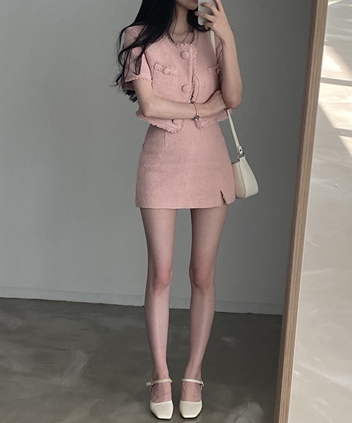 FREE STYLISTS(フリー スタイリスト)の「YUGA_YGMC サマーツイード クロップドジャケット(ノーカラージャケット・レディース・ピンク/ホワイト・FREE)」の15枚目の写真