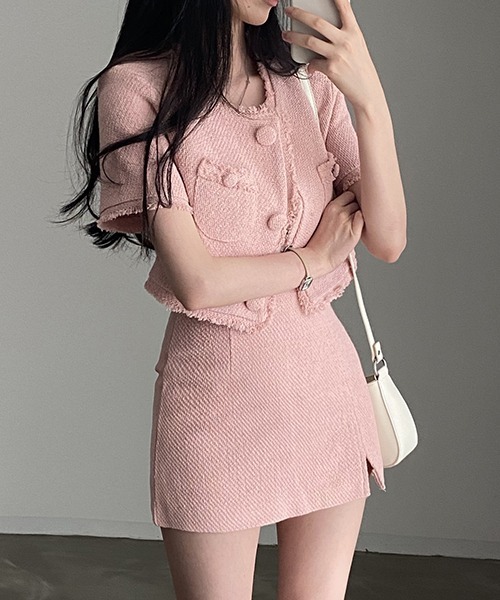 セール】YUGA_YGMC サマーツイード クロップドジャケット（ノーカラー