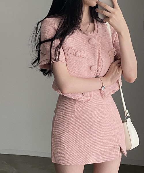 FREE STYLISTS(フリー スタイリスト)の「YUGA_YGMC サマーツイード クロップドジャケット(ノーカラージャケット・レディース・ピンク/ホワイト・FREE)」の21枚目の写真