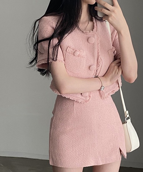 FREE STYLISTS(フリー スタイリスト)の「YUGA_YGMC サマーツイード クロップドジャケット(ノーカラージャケット・レディース・ピンク/ホワイト・FREE)」の18枚目の写真