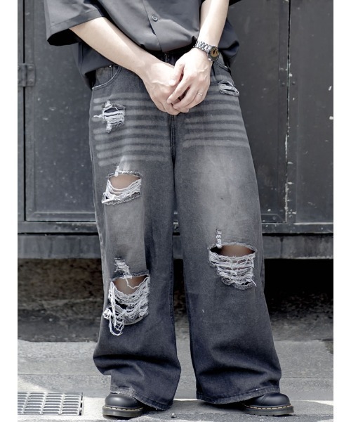 Auntie Rosa（アンティローザ）の「ルーズフィットフレアダメージデニム（デニムパンツ・メンズ・ブラック・X-LARGE/MEDIUM/LARGE）」の22枚目の写真