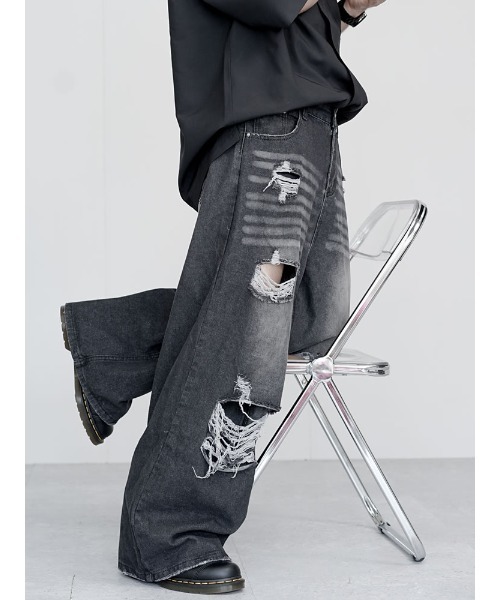 Auntie Rosa（アンティローザ）の「ルーズフィットフレアダメージデニム（デニムパンツ・メンズ・ブラック・X-LARGE/MEDIUM/LARGE）」の8枚目の写真