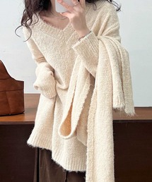 マフラー付き Vネック ニット トップス