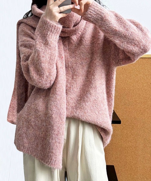 OSYAREVO(オシャレボ)の「マフラー付き Vネック ニット トップス(ニット/セーター・レディース・ピンク系その他/ベージュ/チャコール・FREE)」の7枚目の写真