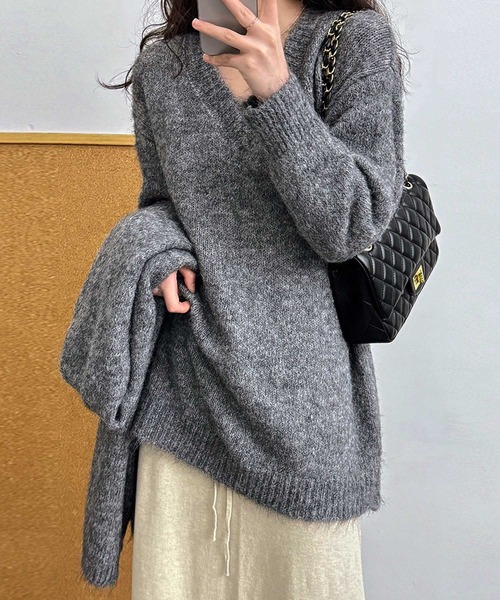 OSYAREVO(オシャレボ)の「マフラー付き Vネック ニット トップス(ニット/セーター・レディース・ピンク系その他/ベージュ/チャコール・FREE)」の12枚目の写真