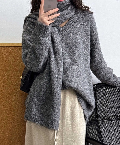OSYAREVO(オシャレボ)の「マフラー付き Vネック ニット トップス(ニット/セーター・レディース・ピンク系その他/ベージュ/チャコール・FREE)」の13枚目の写真