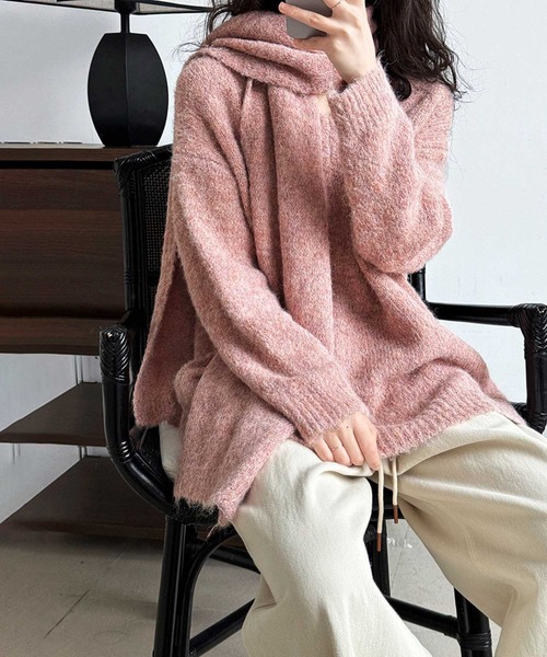 OSYAREVO(オシャレボ)の「マフラー付き Vネック ニット トップス(ニット/セーター・レディース・ピンク系その他/ベージュ/チャコール・FREE)」の18枚目の写真