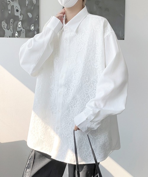 FVLMEN(フルメン)の「【FVLMEN】 lace pasting long sleeve big shirt/レース ペイスティング ロングスリーブ ビッグ シャツ(シャツ/ブラウス・メンズ・ブラック/ホワイト・FREE)」の4枚目の写真