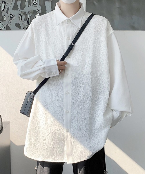 FVLMEN(フルメン)の「【FVLMEN】 lace pasting long sleeve big shirt/レース ペイスティング ロングスリーブ ビッグ シャツ(シャツ/ブラウス・メンズ・ブラック/ホワイト・FREE)」の3枚目の写真