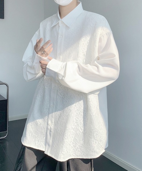 FVLMEN(フルメン)の「【FVLMEN】 lace pasting long sleeve big shirt/レース ペイスティング ロングスリーブ ビッグ シャツ(シャツ/ブラウス・メンズ・ブラック/ホワイト・FREE)」の9枚目の写真