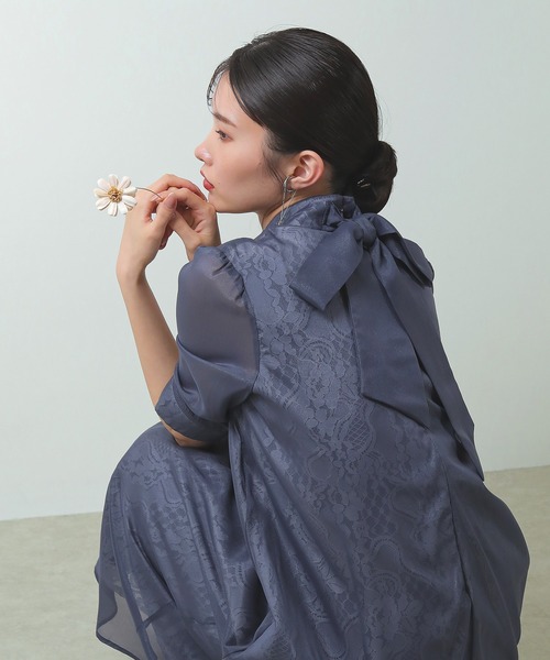 セール】5分袖 微光沢 リボン Aライン ワンピース パーティー ドレス  