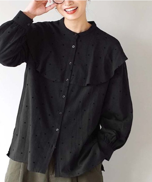 e-zakkamania stores(イーザッカマニアストアーズ)の「フロッキードット ナチュラルブラウス(シャツ/ブラウス・レディース・ブラック/ベージュ・フリー)」の8枚目の写真