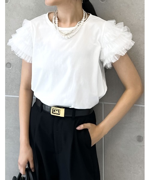Re:EDIT(リエディ)の「チュールティアードスリーブTシャツ(Tシャツ/カットソー・レディース・ホワイト/ブラック・LARGE/MEDIUM)」の1枚目の写真