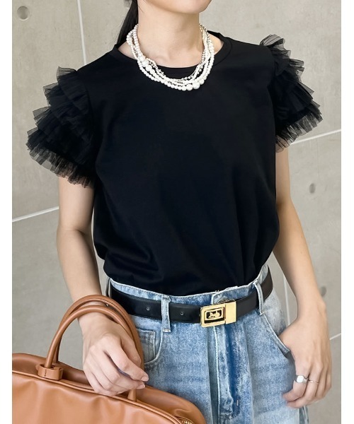 Re:EDIT(リエディ)の「チュールティアードスリーブTシャツ(Tシャツ/カットソー・レディース・ホワイト/ブラック・LARGE/MEDIUM)」の2枚目の写真
