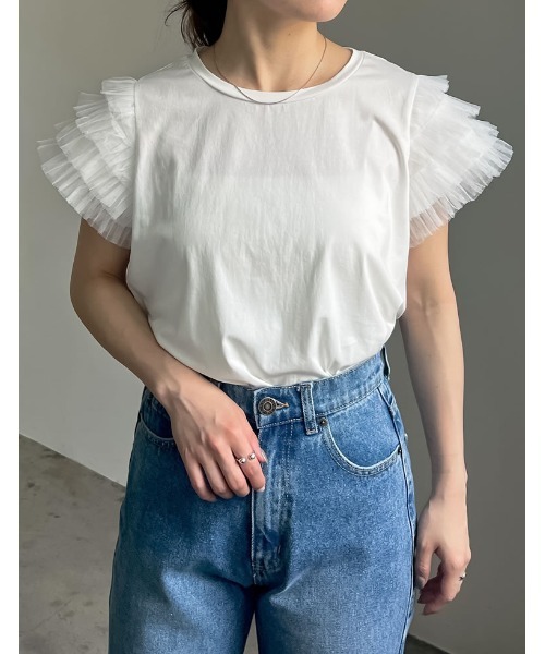 Re:EDIT(リエディ)の「チュールティアードスリーブTシャツ(Tシャツ/カットソー・レディース・ホワイト/ブラック・LARGE/MEDIUM)」の7枚目の写真