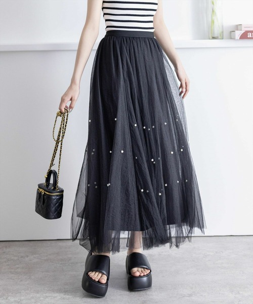 clear（クリア）の「パール付きチュールロングスカート（スカート・レディース・アイボリー/ブラック/ピンク・F）」の2枚目の写真