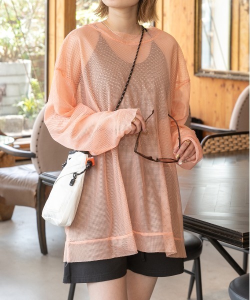ad thie(アドティエ)の「オーバーサイズ・カラバリ豊富 メッシュトップス(Tシャツ/カットソー・レディース・ピンク/オフホワイト/ライトブルー/ミント/イエロー/オレンジ/ライトグリーン・FREE)」の7枚目の写真