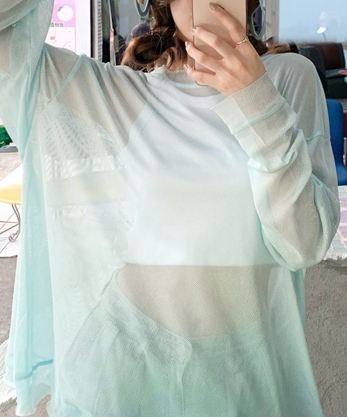 ad thie(アドティエ)の「オーバーサイズ・カラバリ豊富 メッシュトップス(Tシャツ/カットソー・レディース・ピンク/オフホワイト/ライトブルー/ミント/イエロー/オレンジ/ライトグリーン・FREE)」の18枚目の写真