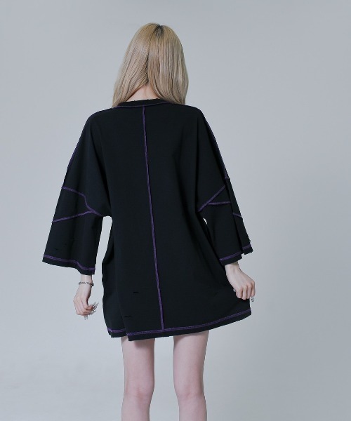 REFLEM（レフレム）の「『REFLEM/レフレム』オーバーステッチTシャツ/ハーフスリーブカットソー（Tシャツ/カットソー・レディース・ブラック×パープル/グレー/ブラック×ホワイト・FREE）」の5枚目の写真