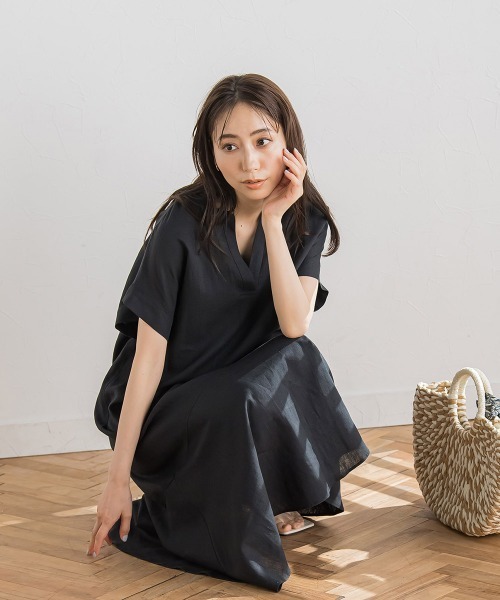 Droite lautreamont（ドロワットロートレアモン）の「レーヨン麻ポプリンワンピース≪洗濯機で洗える≫（ワンピース・レディース・ブルー/ベージュ/ブラック/ブラウン/イエロー・M/S）」の2枚目の写真