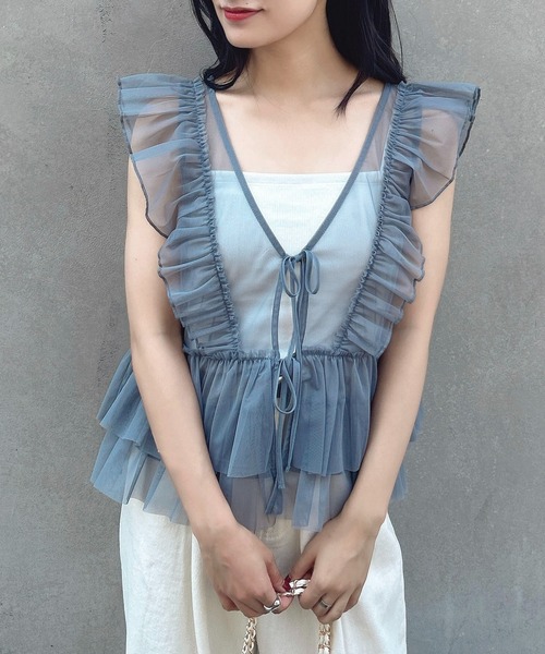 INGNI(イング)の「チュールリボンベストトップス(ベスト・レディース・グレー/ブラック/アイボリー・M)」の3枚目の写真